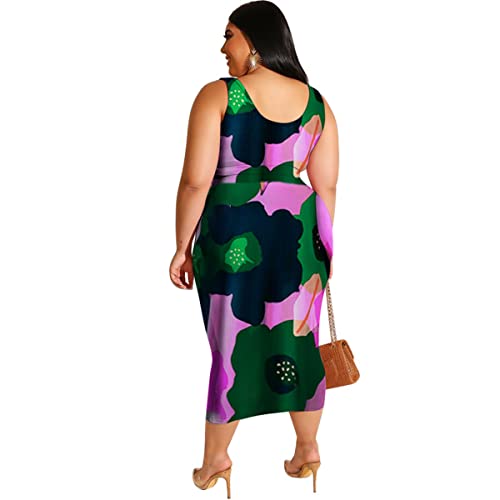 Image of Plus Size Women 2 Piece Outfits Sets Sexy Tracksuit Midi Dress,Sleeveless Tank Top Bodycon Skirts Set Casual Summer