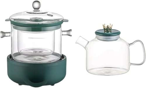 Arfobug ガラス電気調理ポット ヌードルポット 電気ケトル 耐熱ガラスポット 耐熱ガラス スマート電気ケトル、スマートストーブ + クラウンダブルポット + シチューポット + 高級ギフトボックス (グリーン)