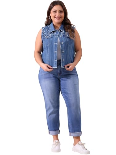 Agnes Orinda Plus Size Denim Vest for Women Sleeveless Embroidered Pearl Frayed Jean Vests Jacket3