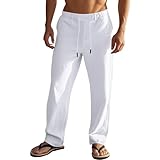 MAHUAOYIXI Pantalon Homme Lin Uni | Pantalon à Cordon avec Poches Élégant Décontracté à Jambe Droite Vacance Plage (Blanc, M)