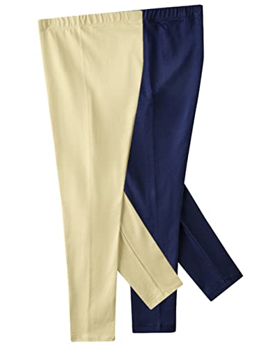 Noomelfish Girls 2-Pack Classic Full Length Leggings Kids Stretch Cotton Basic Tight Pants, Navy/Khaki, Medium #TOP1