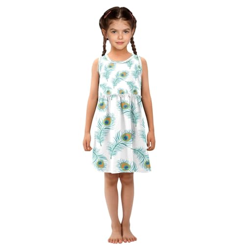 Girls Peacock Feather Dress Sleeveless Dress Summer Cotton Sundress 8Y4