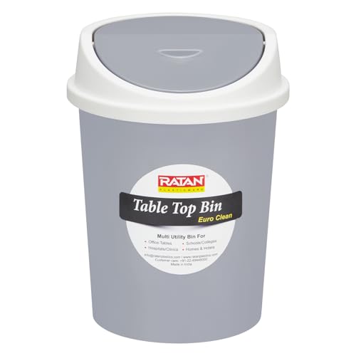 Image of RATAN PLASTICWARE Euro Clean Table Top Medium Dustbin with Swing Lid for Study Table, Desk, Kitchen Sink, Car, Kids Room | Compact and Stylish Waste Storage Garbage Bin - 2 Litre, Grey