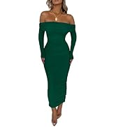 PRETTYGARDEN Women's Fall Off The Shoulder Maxi Dress Spring Long Sleeve Ruched Fitted Bodycon Cl...