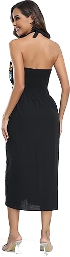 Image of Womens Mexican Floral Embroidered Halter Maxi Dress Side Slit Boho Dress