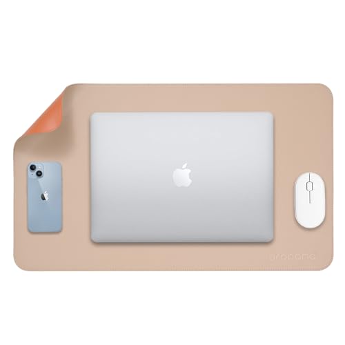 Image of AROPANA Vegan Leather Desk Mat | Large Reversible Mouse Pad & Computer Table Protector | Dual-Side Waterproof Extended Laptop Pad with Edge-Stitched Design (60x35CM, Apricot and Orange)