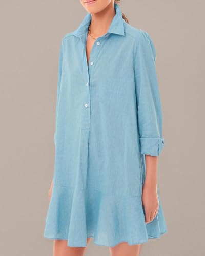 Image of YEXPINE Women's Tunic Mini Shirt Dress Cotton Linen Long Sleeve Button Up Ruffle Hem Loose Casual Summer Pockets Shift Dress