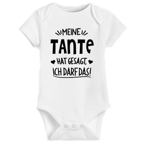 mydesignhub Baby Body Weiß mit Lustigem Spruch Meine Tante hat gesagt ich darf das Lustig Motiv Sprüche Strampler Kurzarm fun Babybody Baumwolle Druckknöpfe Geschenk (6-9 Monate)