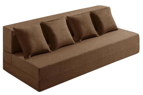Image of Los Angeles Foldable Four Seater Sofa Cum Bed, Sofa Bed 6 X 6 Feet Jute Fabric Washable Cover Including 4 Cushion Perfect for Living Room - Brown Color
