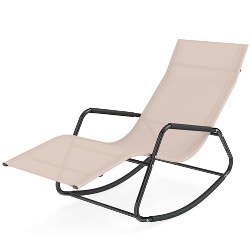 Image of RELAX4LIFE Garden Sun Lounger, Outdoor Rocking Deck Chair with Curved Armrests & Rocking Function, Heavy Duty Metal Frame Reclining Furniture for Backyard Porch Balcony Camping (Beige)