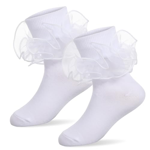 Ruffle Socks Women,Adult Double Lace Turn Cuff Cotton Frilly Dress Socks Cute Bobby Sock with Ruffles Lightweight Cotton Sock for Womens (1 Pair,White)