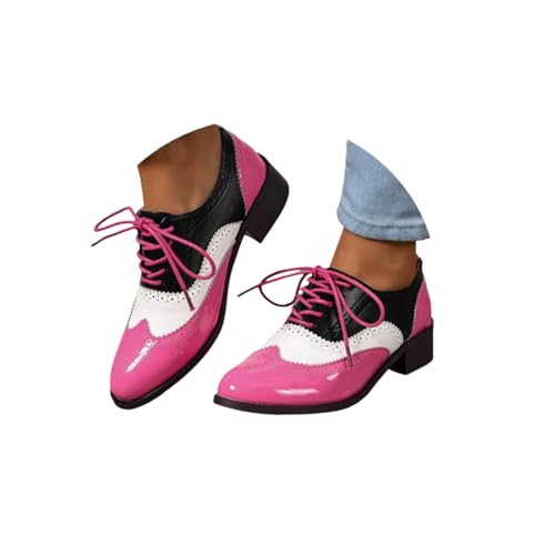 Zapatos Oxford de dos tonos con cordones para mujer, punta de ala, tacón grueso, charol, vintage, con cordones, dos tonos, zapatos Oxford de piel sintética, parte superior baja, suela de goma