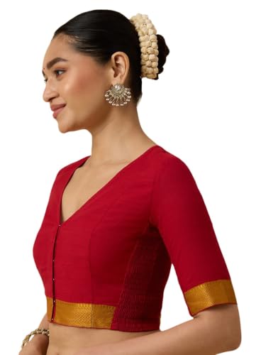 Image of Studio Shringaar Women's Handloom Cotton Stretchable (Smocked) Saree Blouse with Temple Zari Border
