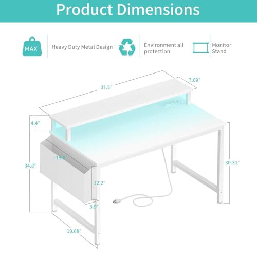 Image of Lufeiya Small White Desk with LED Lights and Power Outlets, 32 Inch Home Office Computer Desks with Monitor Stand, Teen Writing Study Table Gaming Desk with Charging Station, White
