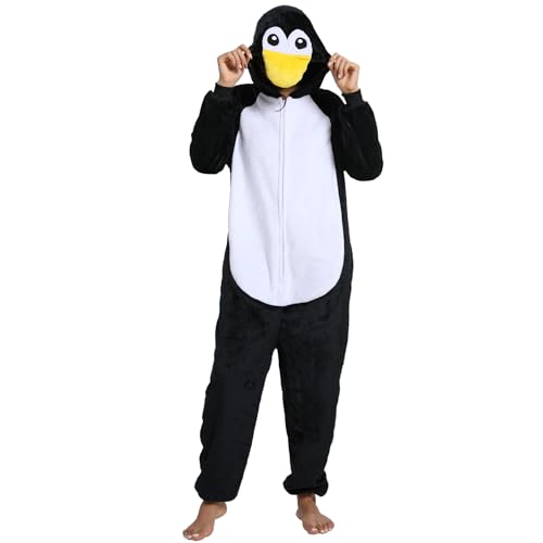 Hundredmore Adult Penguin Onesie Pajamas with Pockets Unisex Zip Up Flannel One Piece Cosplay Costume Warm Animal Sleepwear for Men and Women