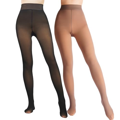 Image of Caprilite 2 Pairs Women Fleece Lined Tights-Fake Translucent Leggings High Waist Pantyhose Sheer Thick Warm Tights For Women