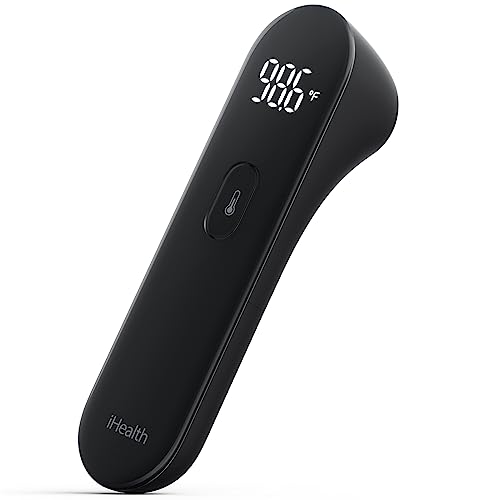 Image of iHealth No-Touch Forehead Thermometer, Digital Infrared Thermometer for Adults and Kids, Non-Contact Baby Thermometer, 3 Ultra-Sensitive Sensors, Large LED Digits, Quiet Vibration Feedback, Black
