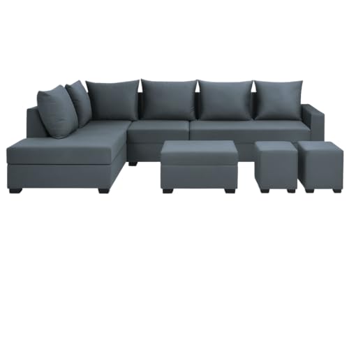 Image of FURNY Gloria 8 Seater Fabric LHS L Shape Sofa Set with 1 Centre Table & 2 Puffy (Dark Grey) Premium Velvet Finish | Durable Comfort | Ideal for Living Room