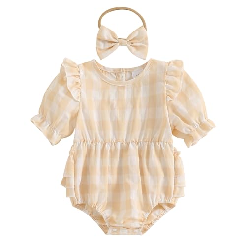 Image of Infant Baby Girl Summer Outfit Plaid Romper Boho Short Sleeve Ruffle Bodysuit with Headband Clothes