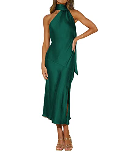 Image of Sexyshine Women's Elegant Halter Tie Neck Sleeveless Satin Long Dress Backless Split Cocktail Party Formal Wedding Maxi Dress