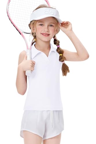 Girls Sleeveless Polo Shirts, Kids V Neck Golf Shirts Blouses, Quick Dry Athletic Girls Tennis Tank Tops, Size 5-14