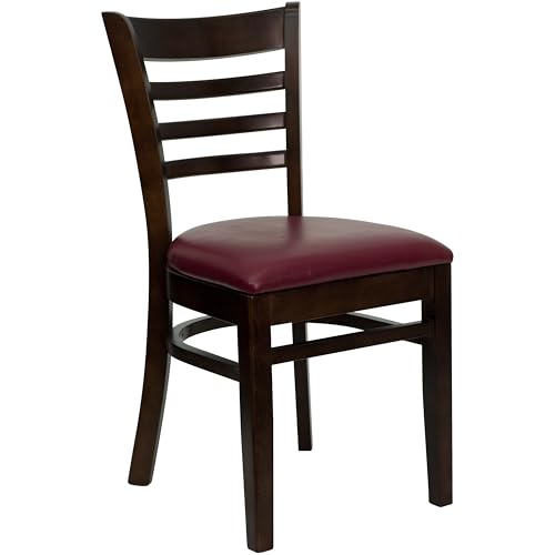 Image of Flash Furniture HERCULES Series Ladder Back Walnut Wood Restaurant Chair - Burgundy Vinyl Seat