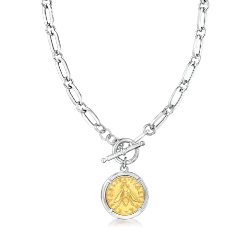 Ross-Simons Italian Sterling Silver and 18kt Gold Over Sterling Replica Bumblebee Lira Coin Paper Clip Link Toggle Necklace