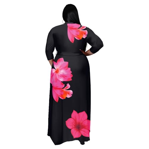 Image of Nmoder Plus Size Maxi Dress for Women - Summer Casual 3 /4 Sleeve Floral Flowy Long Dress with Belt XL- 6XL