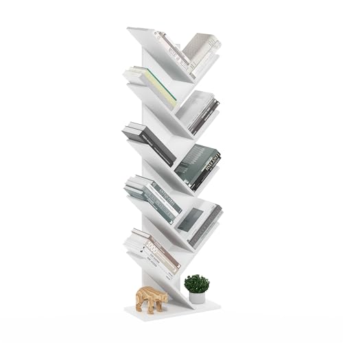 Image of Furinno TREE Book Shelf, 9-Tier Bookshelf, Tree Bookcase with Angled Open Shelf, 8.4 x 15.7 x 50.9, for Room Decor, for Living Room, Bedroom, Home Office, White