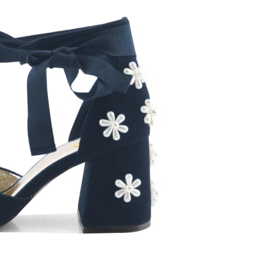 XYD Women Open Toe Sandals with Bloom Pearl Flower Ribbon Ankle Strap Chunky Block Heel Wedding Bridal Shoes2