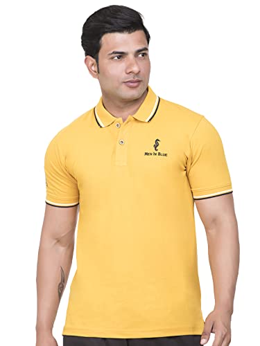 Image of MEN IN BLUE Mens Polo Tshirt | Cotton Blend Pique Knit Polo Collar Half Sleeve Regular Fit Tshirt with Embroidered Logo on Chest and Sleeve