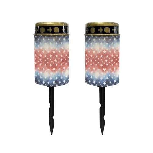 Image of Poceacles Star Pattern Red White Blue Flameless Candle Solar Powered Grave Outdoor Lights Cemetery Candle Flameless Fake LED Pillar Lights for 250th 4th of July Independence Day Decor, 2 Pcs