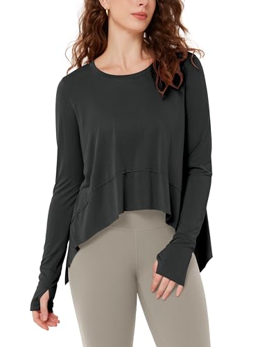 ODODOS Long Sleeve Tee for Women with Thumb Hole Athletic Gym Workout Crop Tops Yoga Shirts, Black,...