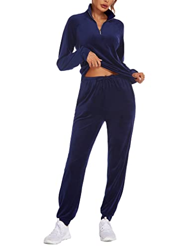 Hotouch Sweatsuit For Women 2 Piece Velour Velvet Jogger Set Hoodie Sweatshirt And Sweatpants Set Navy Blue S #TOP1