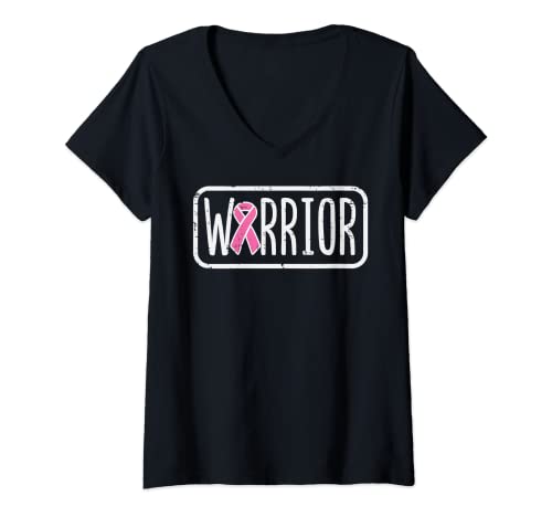 Femme Warrior Ruban rose pour la sensibilisation au cancer du sein T-Shirt avec Col en V