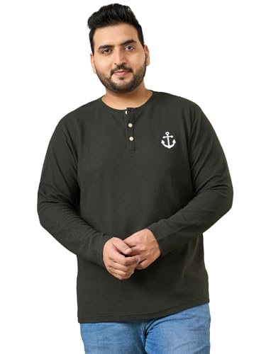 Image of Bigbanana Men Plus Size Solid Dark-Brown Full Sleeve Henley Tshirt