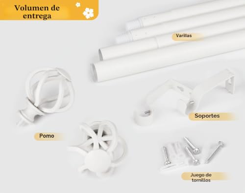 Miniatura 8 de Usfook Barra De Cortinas Blanca 80 A 218 Cm, 22 Mm De Diámetro Barra Cortina Extensibles, Palo Cortina Juego Ajustable Con Remates Florales Para Dormitorio Y Cocina