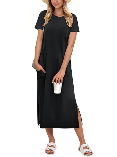 ANRABESS Womens Midi Dress,Summer Long Tshirts Dresses,Short Sleeve Split Stripe,Comfy Travel Beach Vacation Casual Wear Black X-Large