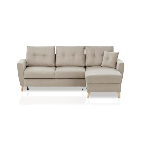 KHG Ecksofa - 230x93x159 cm, Modernes 3-Sitzer Sofa in Beige, rechte Ausrichtung, mit Schlaffunktion, Bettkasten & Zierkissen, Skandi-Stil, Flachgewebe, Massivholzfüße KHG Ecksofa - 230x93x159 cm, Modernes 3-Sitzer Sofa in Beige, rechte Ausrichtung, mit Schlaffunktion, Bettkasten & Zierkissen, Skandi-Stil, Flachgewebe, Massivholzfüße