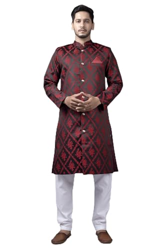 Amzira Men's Cotton Silk Printed Sherwani Set with Mandrian Colla...