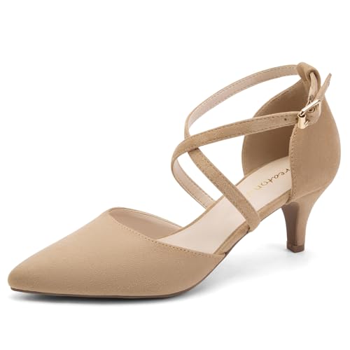 Greatonu Mujer Zapatos de Tacón Kitten Heel Tiras Cruzadas Puntiagudo de Salón Beige Talla 37