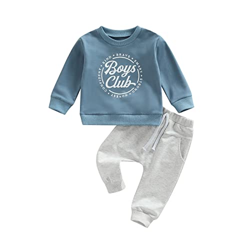 Image of Sprifallbaby Toddler Baby Boys Spring Fall Outfit Long Sleeve Letter Print Crew Neck Sweatshirts Tops Solid Color Long Pants Set, Boys Club & Blue, 12-18 Months (CMY-lk)