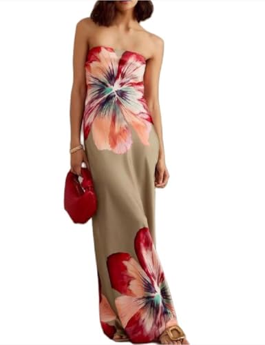 Image of Women Floral Strapless Maxi Dress Y2K Bodycon Tube Long Dresses Sexy Party Formal Cocktail Beach Slit Dress