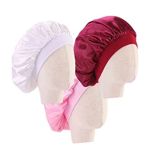 3Pcs Satin Night Sleeping Hat Comfortable Wide Brim Elastic Bonnet for Boys and Breathable Hair Protection Cap White Pink Wine Red