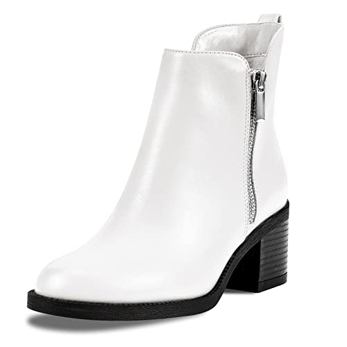 PIZZ ANNU Botines de moda para mujer, punta redonda, tacón bajo y grueso, antideslizantes, cómodas, botas cortas con cremallera lateral, Blanco, 40.5 EU