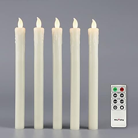 Rhytsing Set of 5 Ivory Battery Operated Taper Candles with Remote, LED Dinner Candles, Push Button, Dripping Wax Finish, Warm White Light, Batteries Included Cover