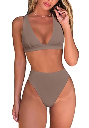 fatty tiger Women Cheeky Thong High Waist Swimsuit Two Pieces Push Up Brazilian Bikini Coffee S