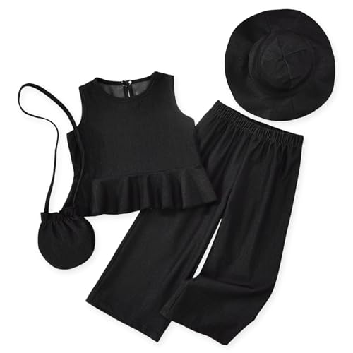 HINTINA 3T Toddler Little Girl Summer Outfits Sleeveless Ruffle Solid Tank Top Wide Leg Pant Set 2 Pieces Casual Clothes, 3-4 Years, Black
