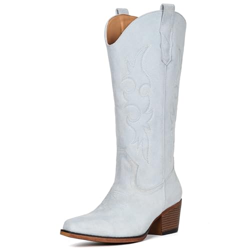 Image of IUV Cowboy Boots For Women Western Cowgirl Boots Mid Calf Snip Toe Boot With Chunky Heel