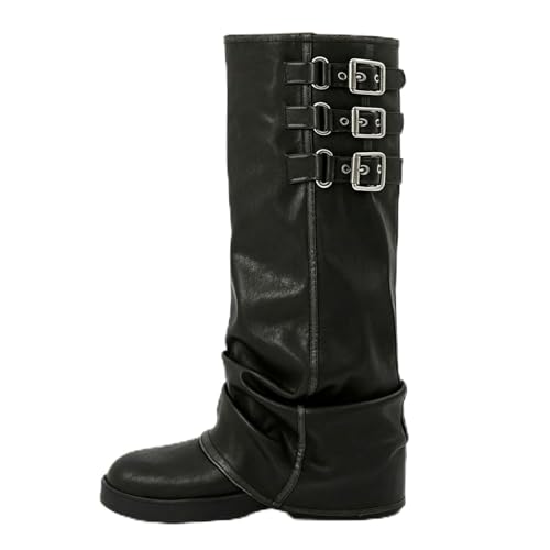 Image of MAVMAX Women Slouchy Knee High Boots Casual Round Toe Pull On Riding Biker Boots Fold Over Chunky Low Heel Platform Boot